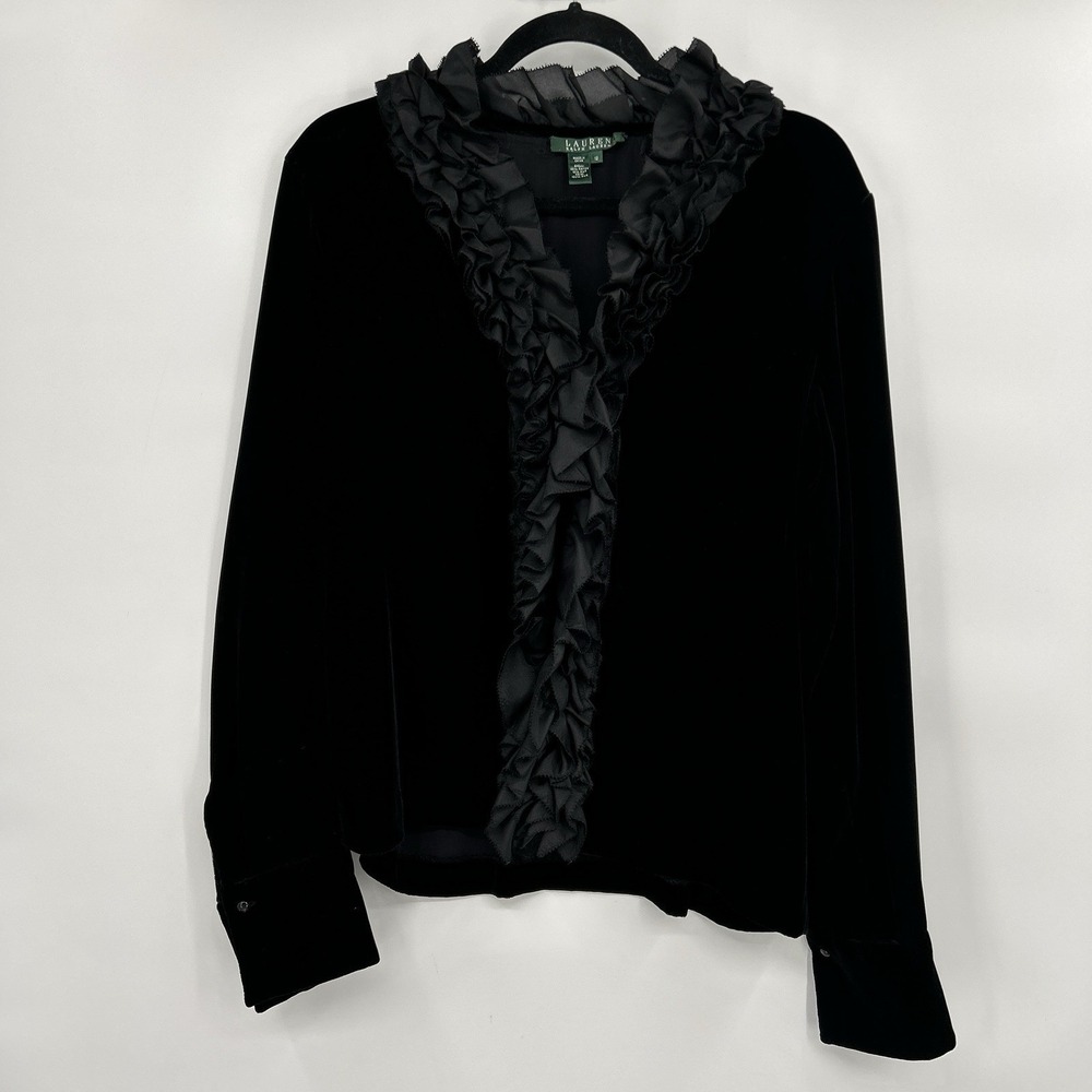 Lauren Ralph Lauren Black Velvet Blazer Sz 12 Silk Ruffle Trim Victorian Romance